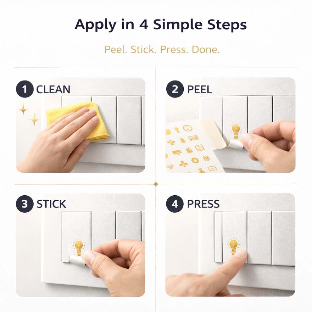 Premium DIY Golden Switchboard Stickers (200 Pcs | 52 Designs)